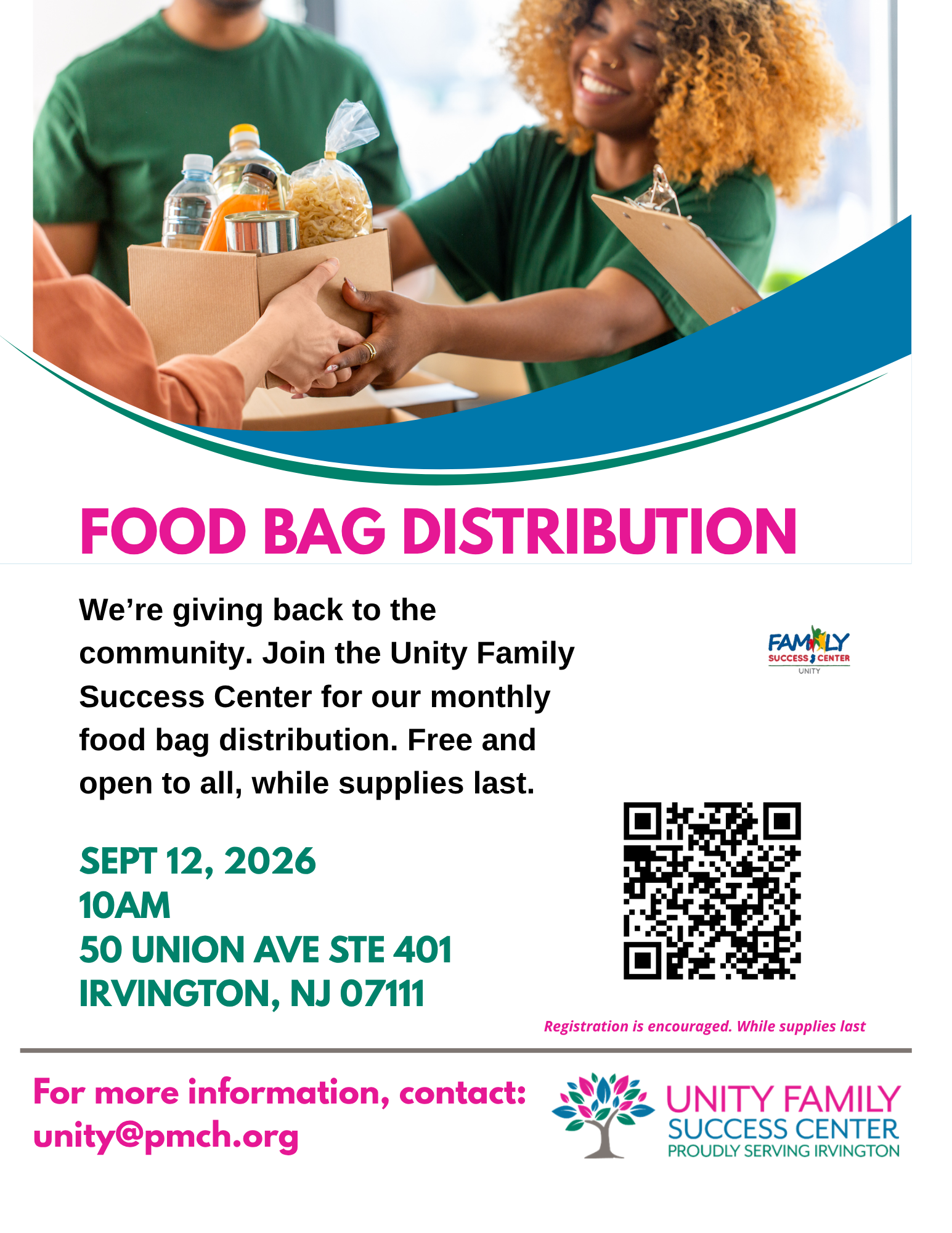 Flyer for a free produce distribution on September 12 at 10:00 AM at Unity Family Success Center in Irvington, New Jersey.