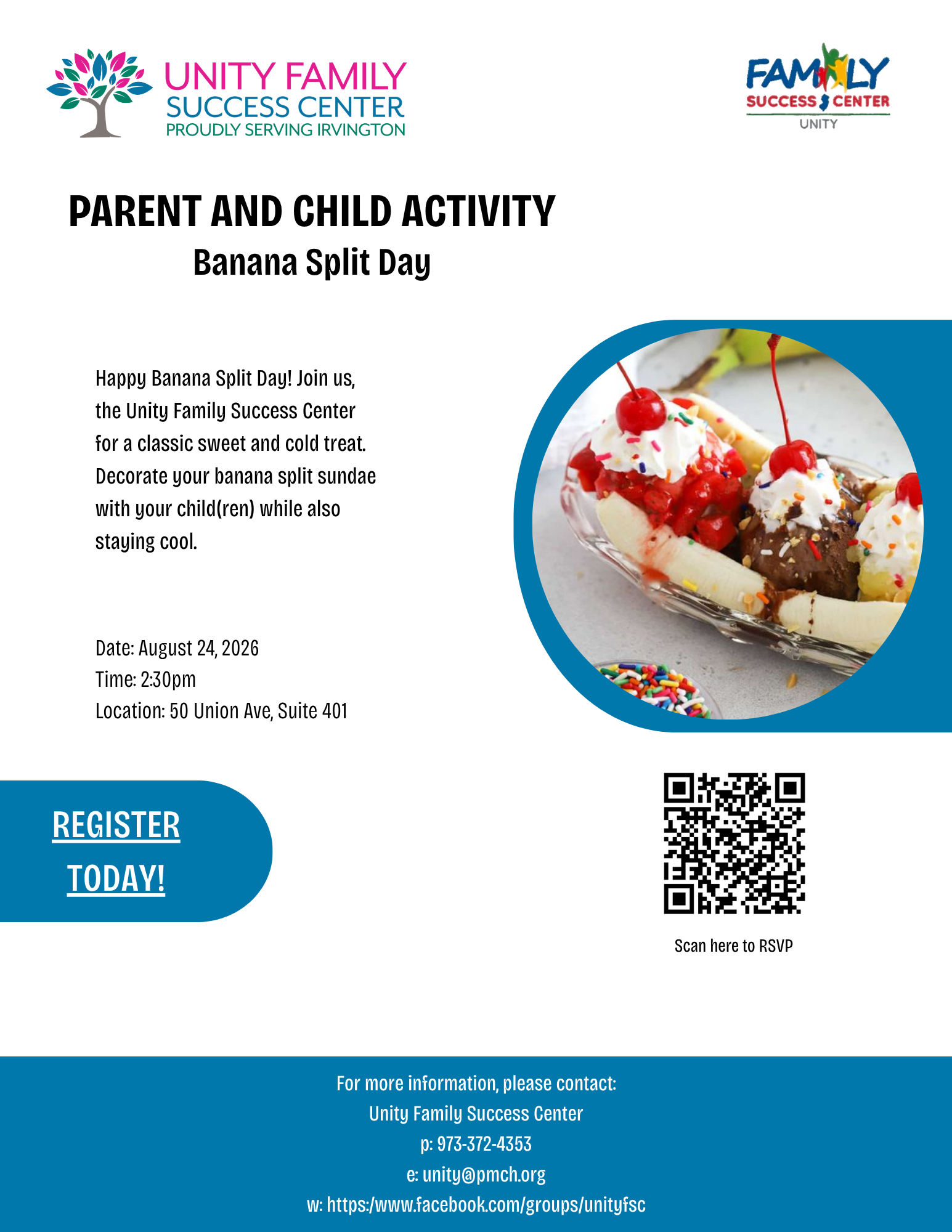 Flyer for Banana Split Day, a parent and child activity at Unity Family Success Center in Irvington, NJ, on August 24, 2026.