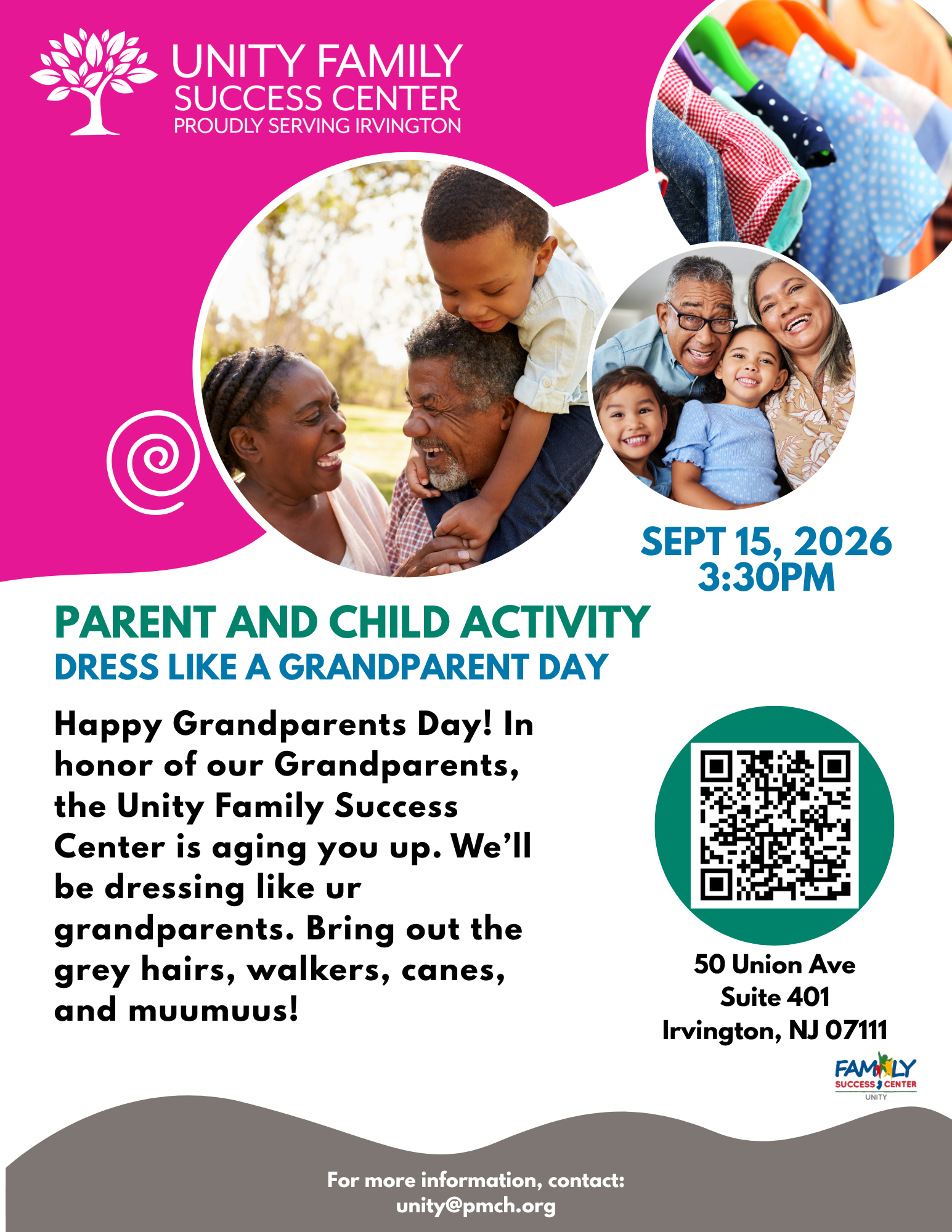 Flyer for a Dress Like a Grandparent Day parent-and-child activity in Irvington, NJ, on September 15, 2026, at 3:30 PM.