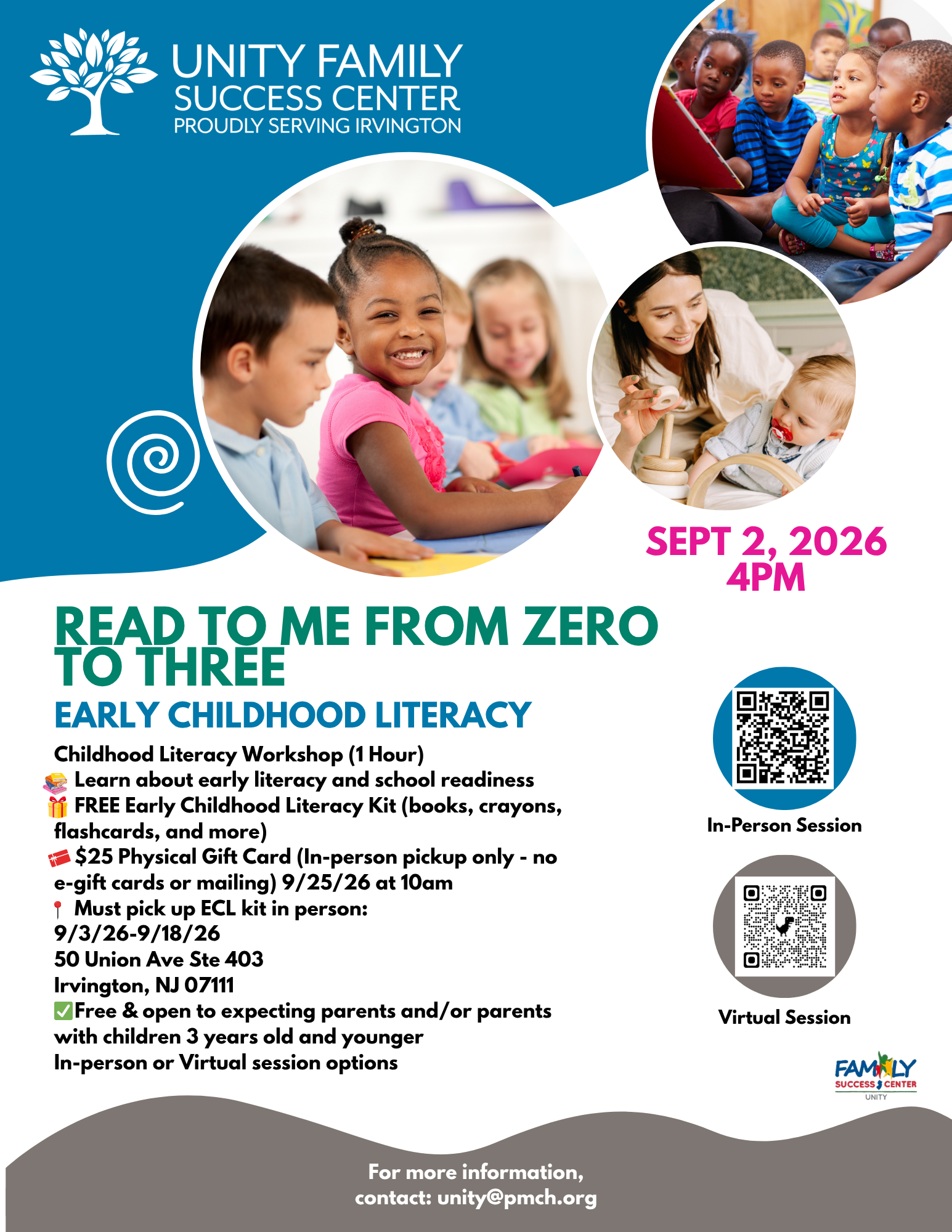 Flyer for Read to Me From Zero to Three, a free early childhood literacy workshop for expecting parents and families with children ages 3 and younger.