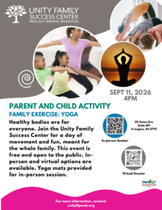 Flyer for a free parent-and-child Family Yoga activity at Unity Family Success Center on September 11, 2026, at 4:00 PM.