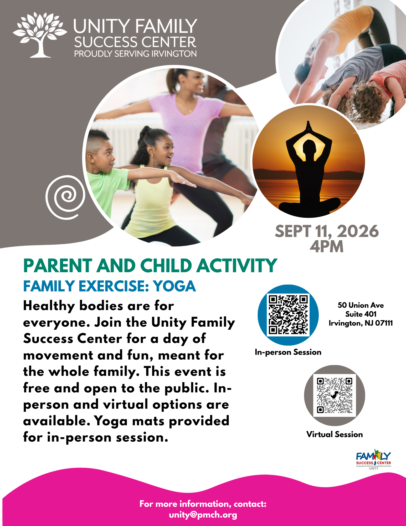 Flyer for a free parent-and-child Family Yoga activity at Unity Family Success Center on September 11, 2026, at 4:00 PM.