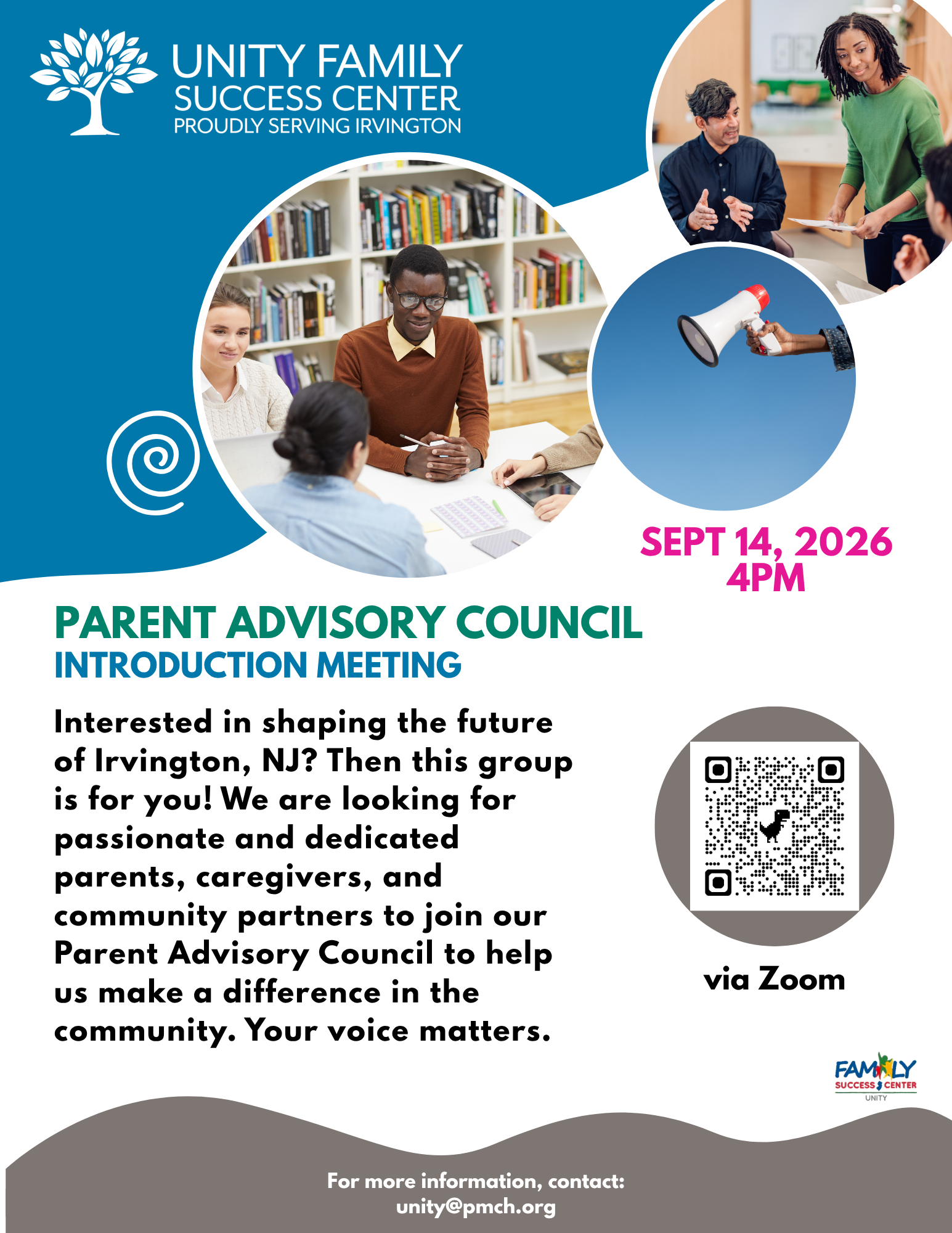 Flyer for Unity Family Success Center’s virtual Parent Advisory Council Introduction Meeting on September 14, 2026, at 4:00 PM.
