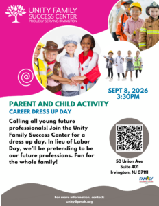 Flyer for a Career Dress-Up Day parent-and-child activity at Unity Family Success Center in Irvington, NJ, on September 8, 2026