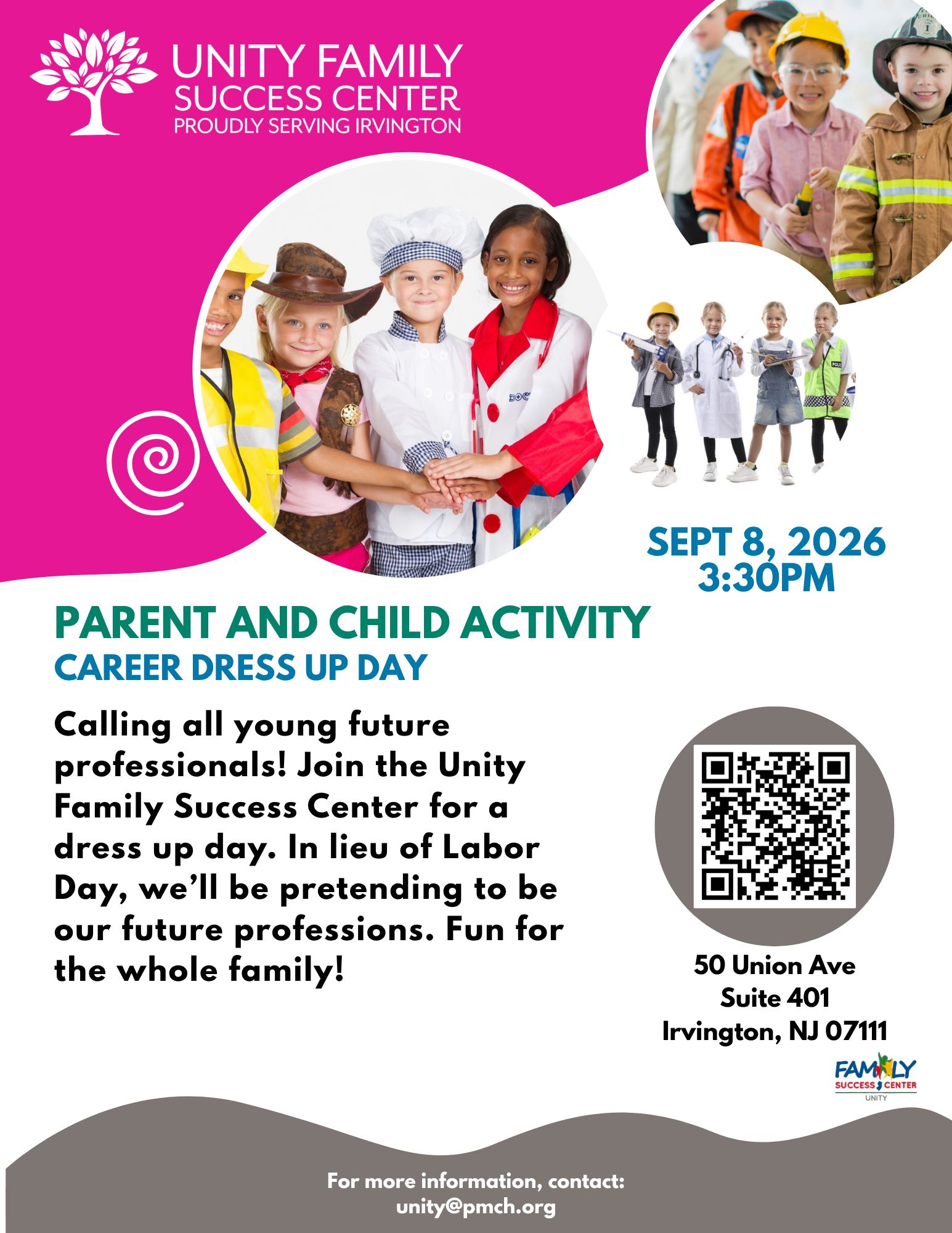 Flyer for a Career Dress-Up Day parent-and-child activity at Unity Family Success Center in Irvington, NJ, on September 8, 2026