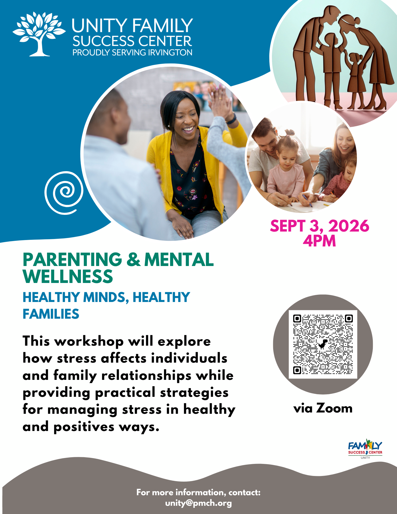 Flyer for the Healthy Minds, Healthy Families virtual parenting and mental wellness workshop on September 3, 2026, at 4:00 PM.