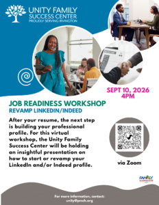 Flyer for a virtual job readiness workshop on improving LinkedIn and Indeed profiles on September 10, 2026, at 4:00 PM.
