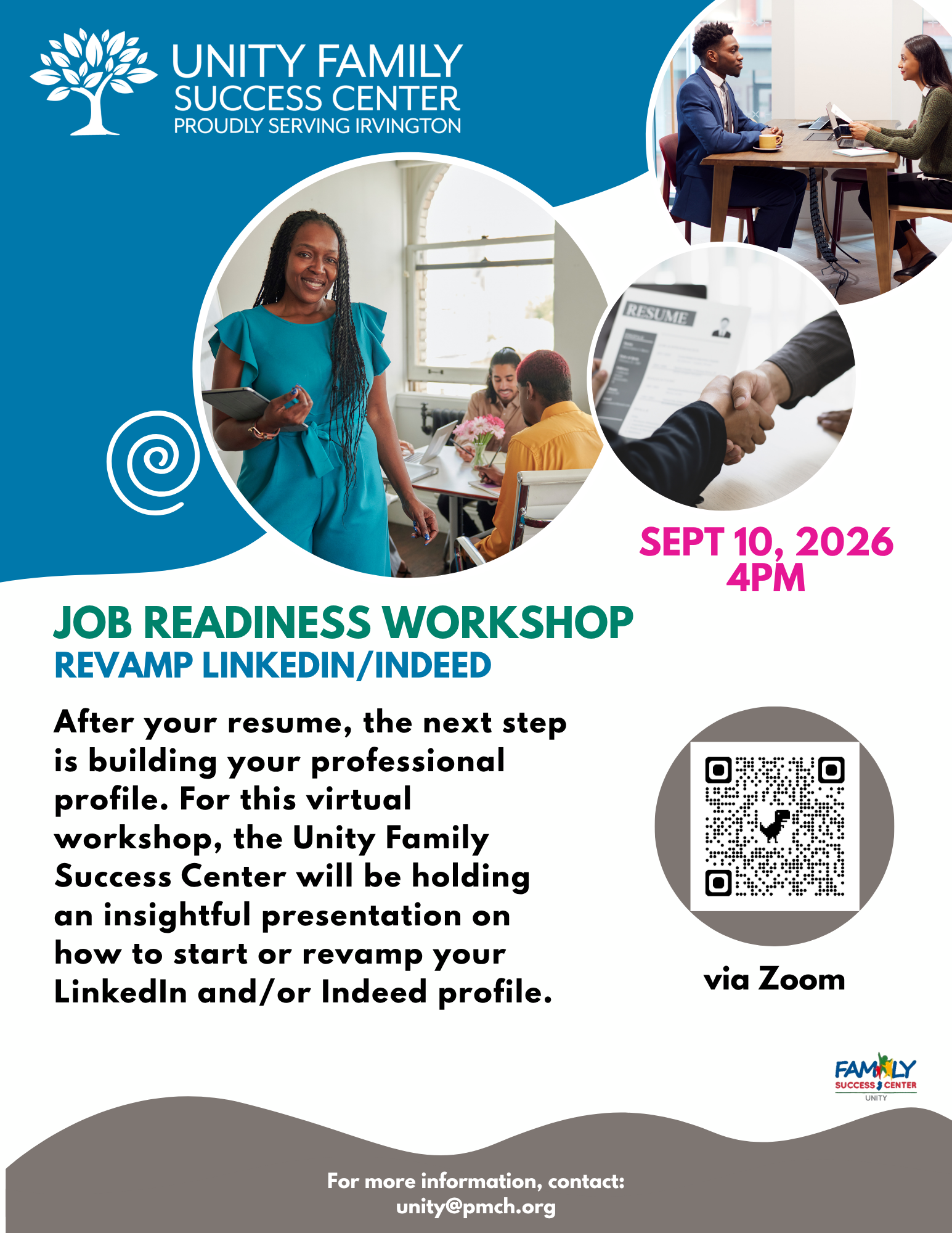 Flyer for a virtual job readiness workshop on improving LinkedIn and Indeed profiles on September 10, 2026, at 4:00 PM.
