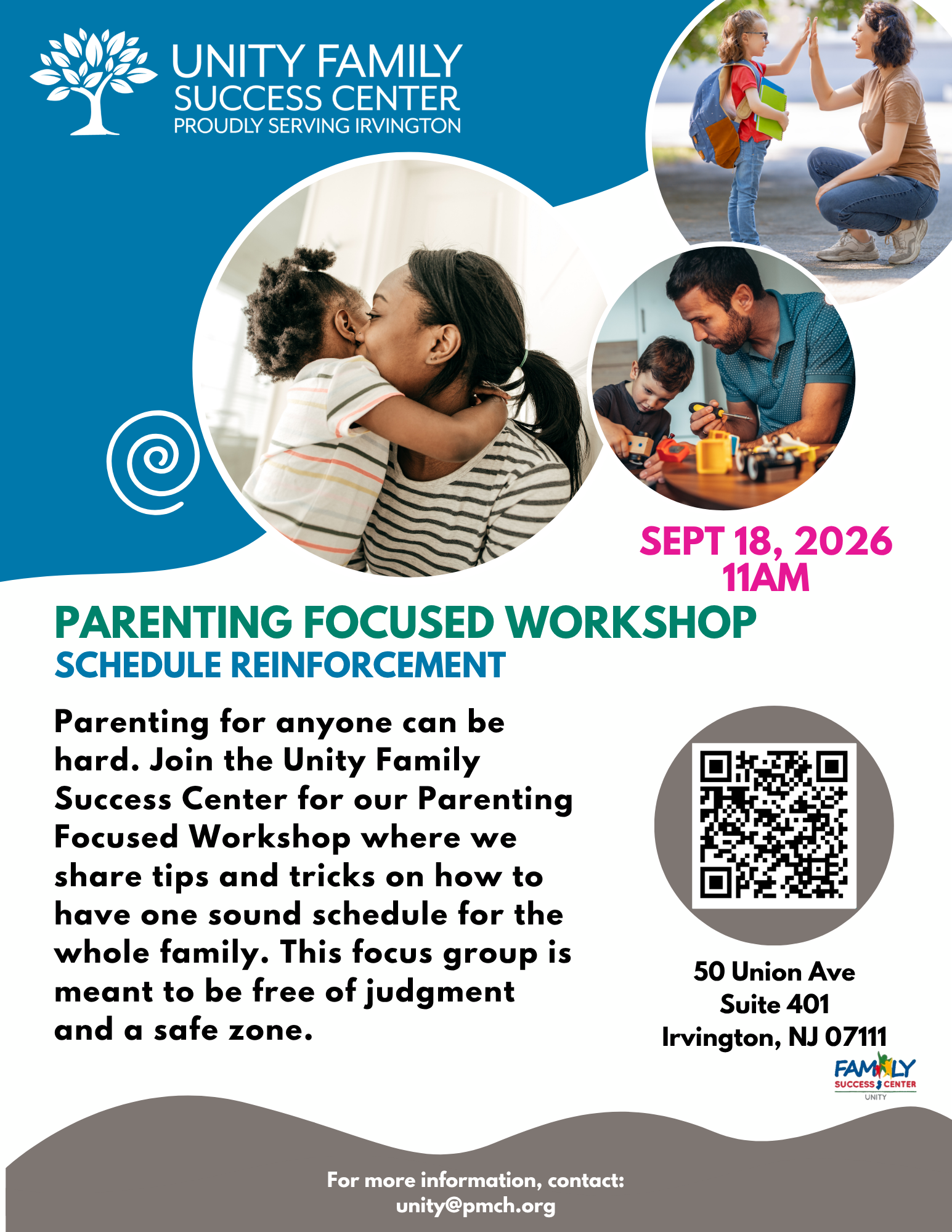 Flyer for a Parenting Focused Workshop about creating consistent family schedules in Irvington, NJ, on September 18, 2026, at 4:00 PM.