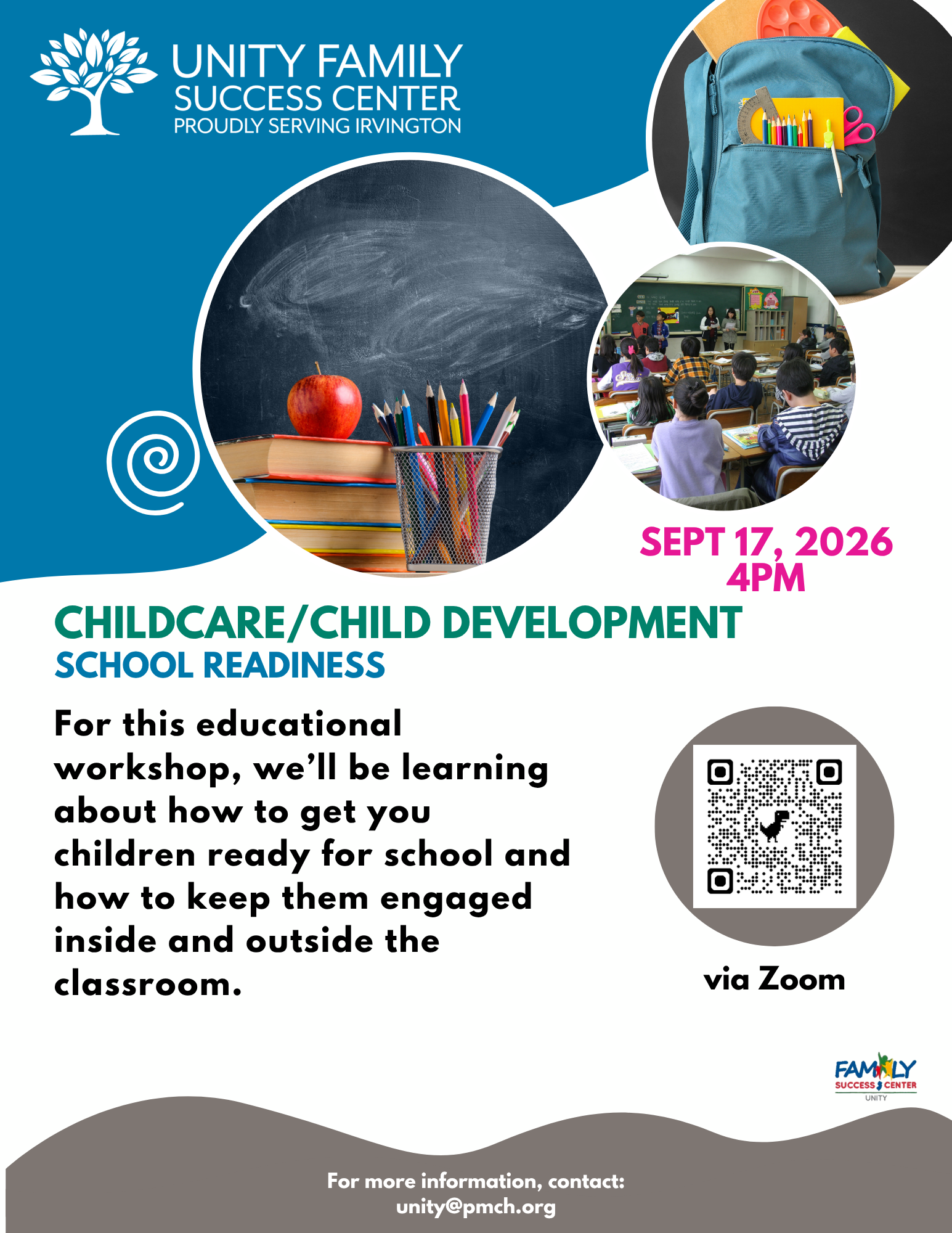 Flyer for a virtual child development and school readiness workshop on September 17, 2026, at 4:00 PM.