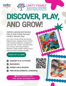 Sensory Day flyer for children and families at Unity Family Success Center in Irvington, NJ, on August 25, 2026, at 2:30 PM.