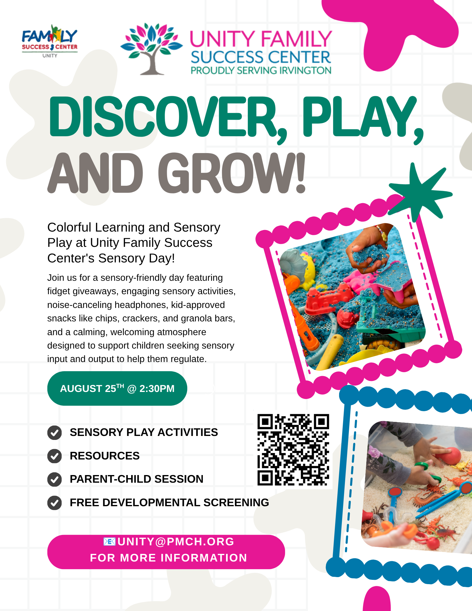 Sensory Day flyer for children and families at Unity Family Success Center in Irvington, NJ, on August 25, 2026, at 2:30 PM.