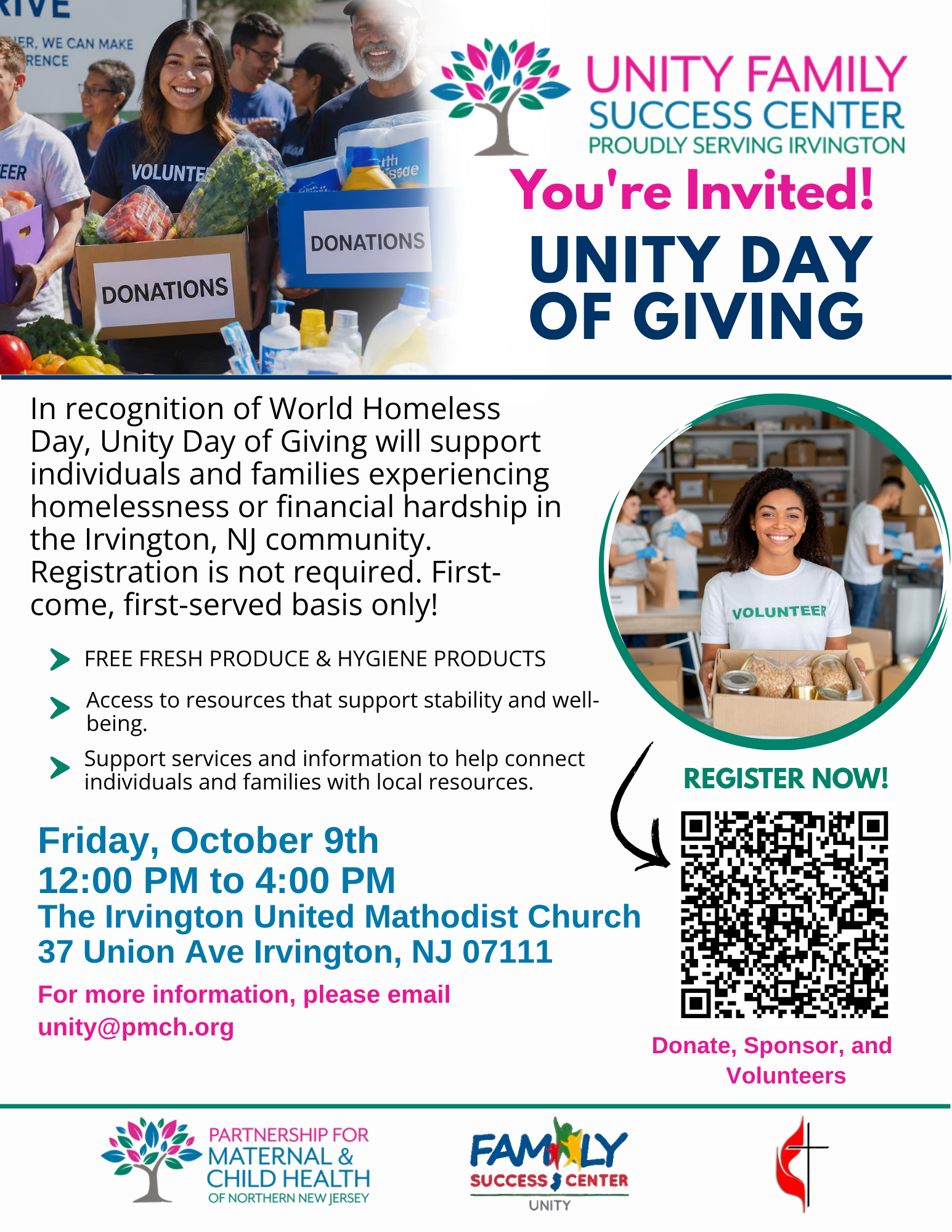 Unity Day of Giving in Irvington, NJ offering free produce, hygiene products, and community resources.