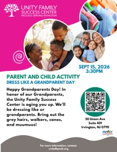 Flyer for a Dress Like a Grandparent Day parent-and-child activity in Irvington, NJ, on September 15, 2026, at 3:30 PM.