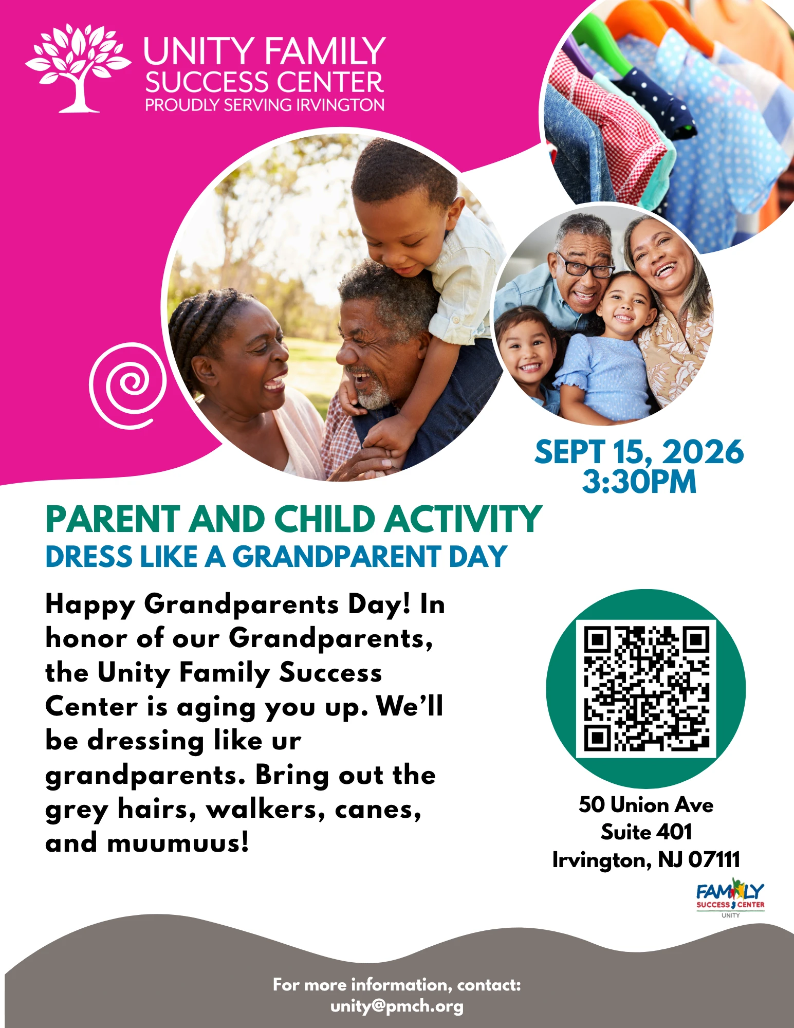 Flyer for a Dress Like a Grandparent Day parent-and-child activity in Irvington, NJ, on September 15, 2026, at 3:30 PM.