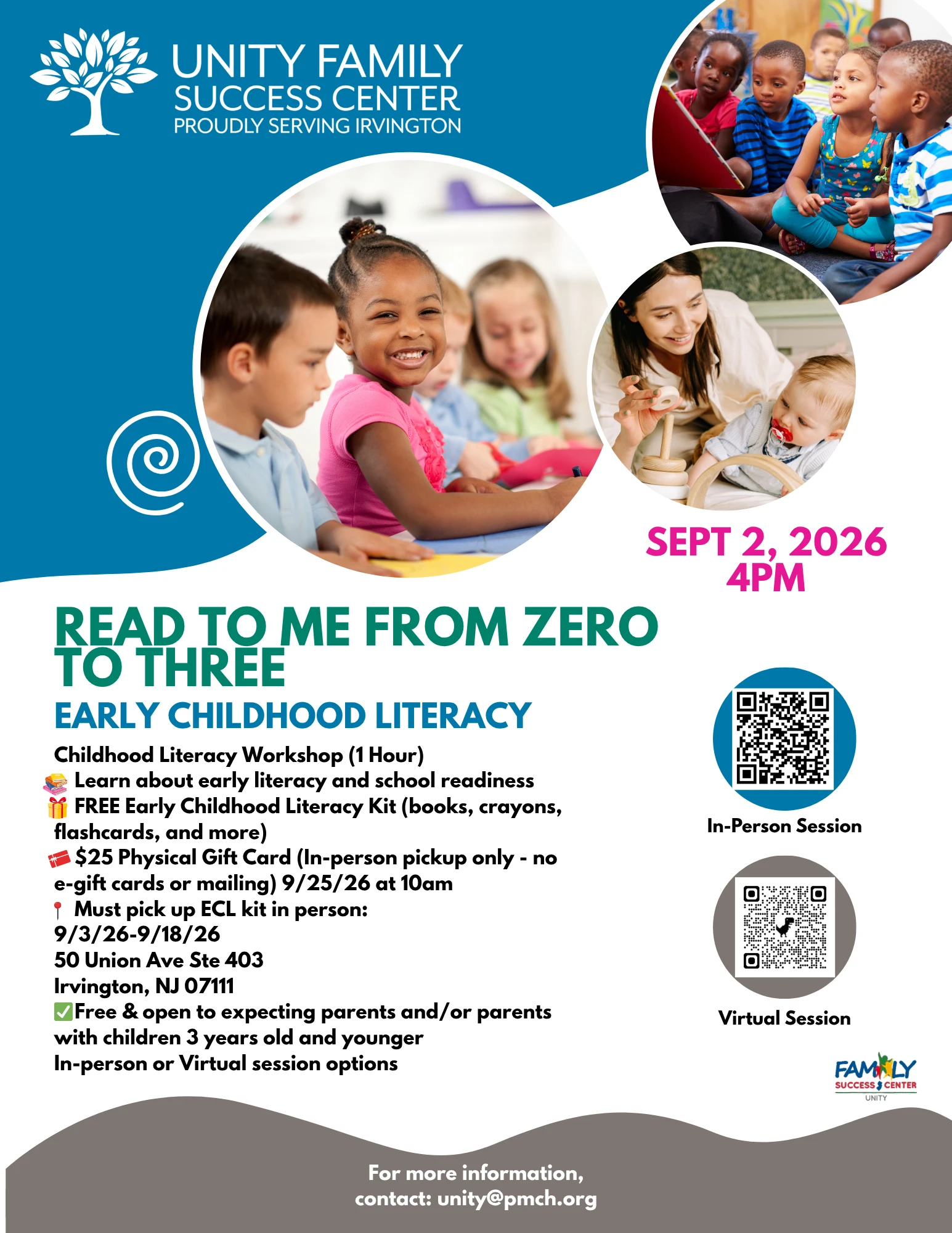 Flyer for Read to Me From Zero to Three, a free early childhood literacy workshop for expecting parents and families with children ages 3 and younger.