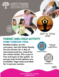 Flyer for a free parent-and-child Family Yoga activity at Unity Family Success Center on September 11, 2026, at 4:00 PM. 