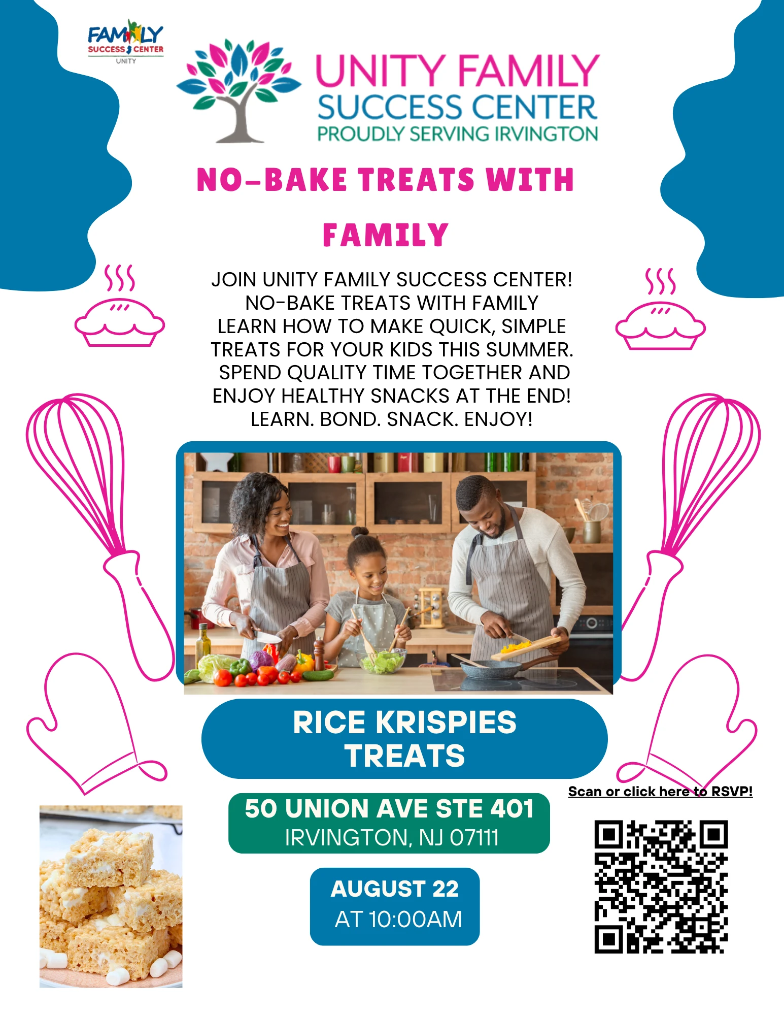 Flyer for Bake With Family, a free parent-and-child activity making no-bake Rice Crispy treats at Unity Family Success Center in Irvington, NJ.
