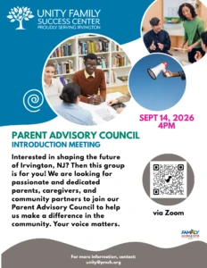 Flyer for Unity Family Success Center’s virtual Parent Advisory Council Introduction Meeting on September 14, 2026, at 4:00 PM.
