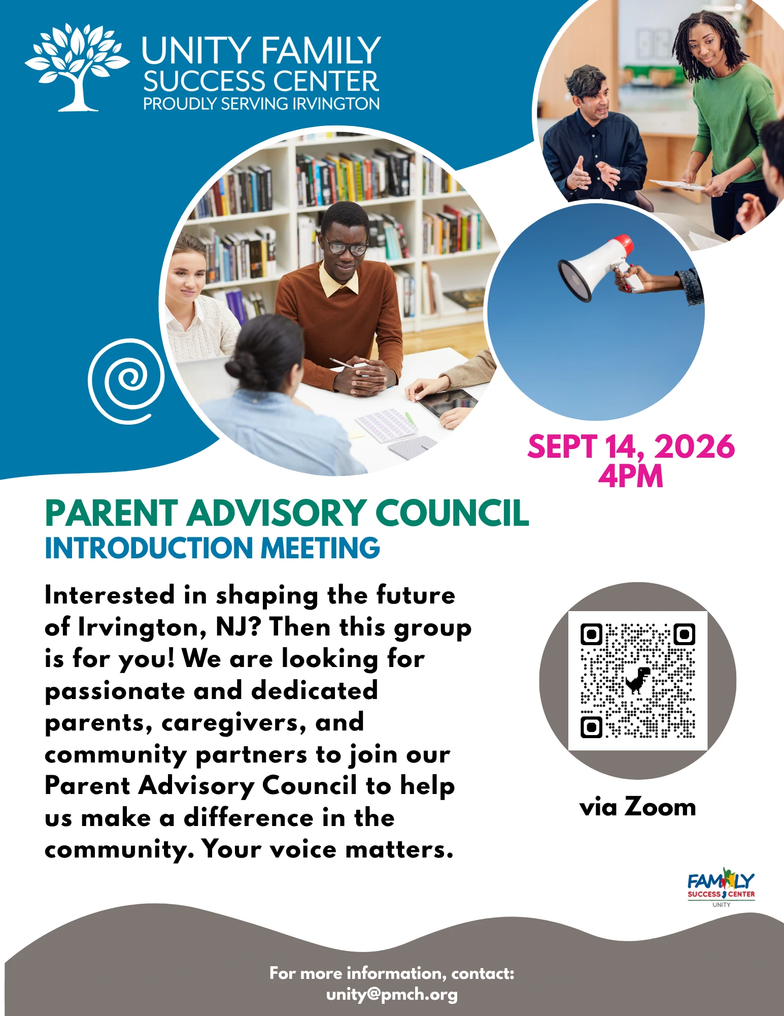 Flyer for Unity Family Success Center’s virtual Parent Advisory Council Introduction Meeting on September 14, 2026, at 4:00 PM.