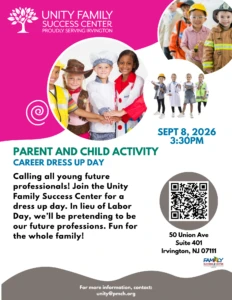 Flyer for a Career Dress-Up Day parent-and-child activity at Unity Family Success Center in Irvington, NJ, on September 8, 2026