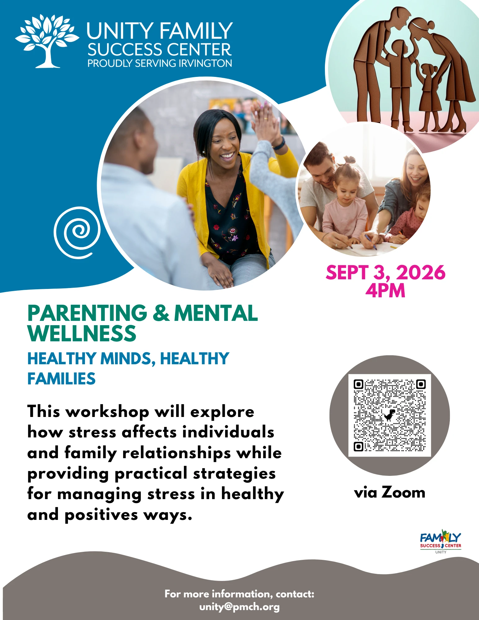 Flyer for the Healthy Minds, Healthy Families virtual parenting and mental wellness workshop on September 3, 2026, at 4:00 PM.