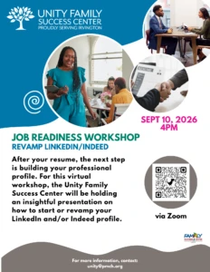 Flyer for a virtual job readiness workshop on improving LinkedIn and Indeed profiles on September 10, 2026, at 4:00 PM.