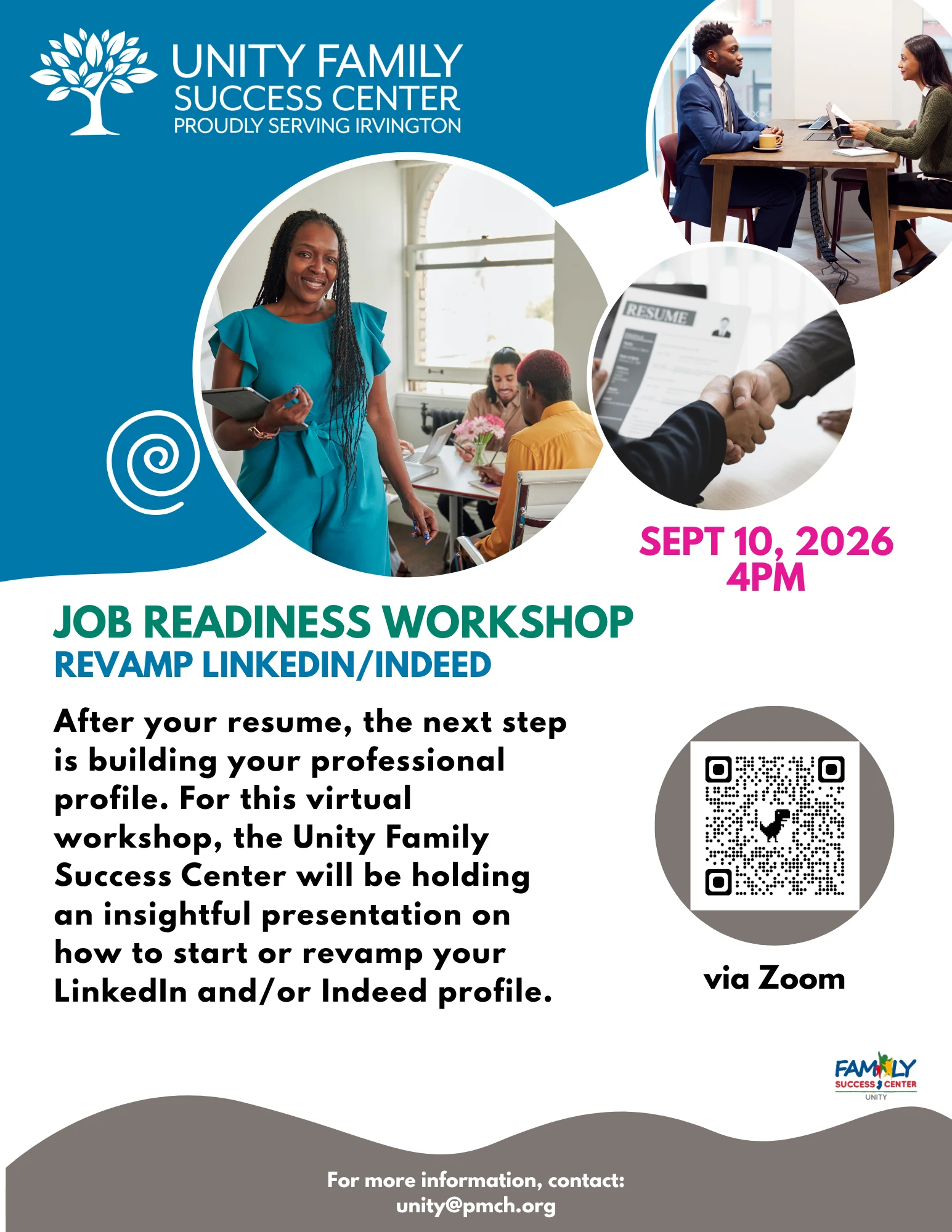 Flyer for a virtual job readiness workshop on improving LinkedIn and Indeed profiles on September 10, 2026, at 4:00 PM.