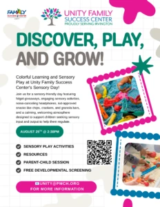 Sensory Day flyer for children and families at Unity Family Success Center in Irvington, NJ, on August 25, 2026, at 2:30 PM.